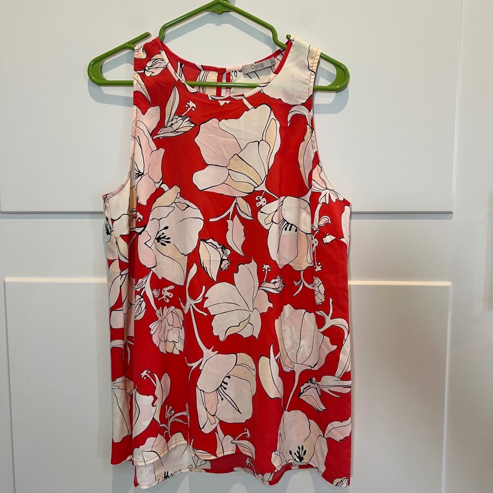 Dalia Women's L Floral Poppy Sleeveless Blouse‎ Top Red White Blush Tank Top